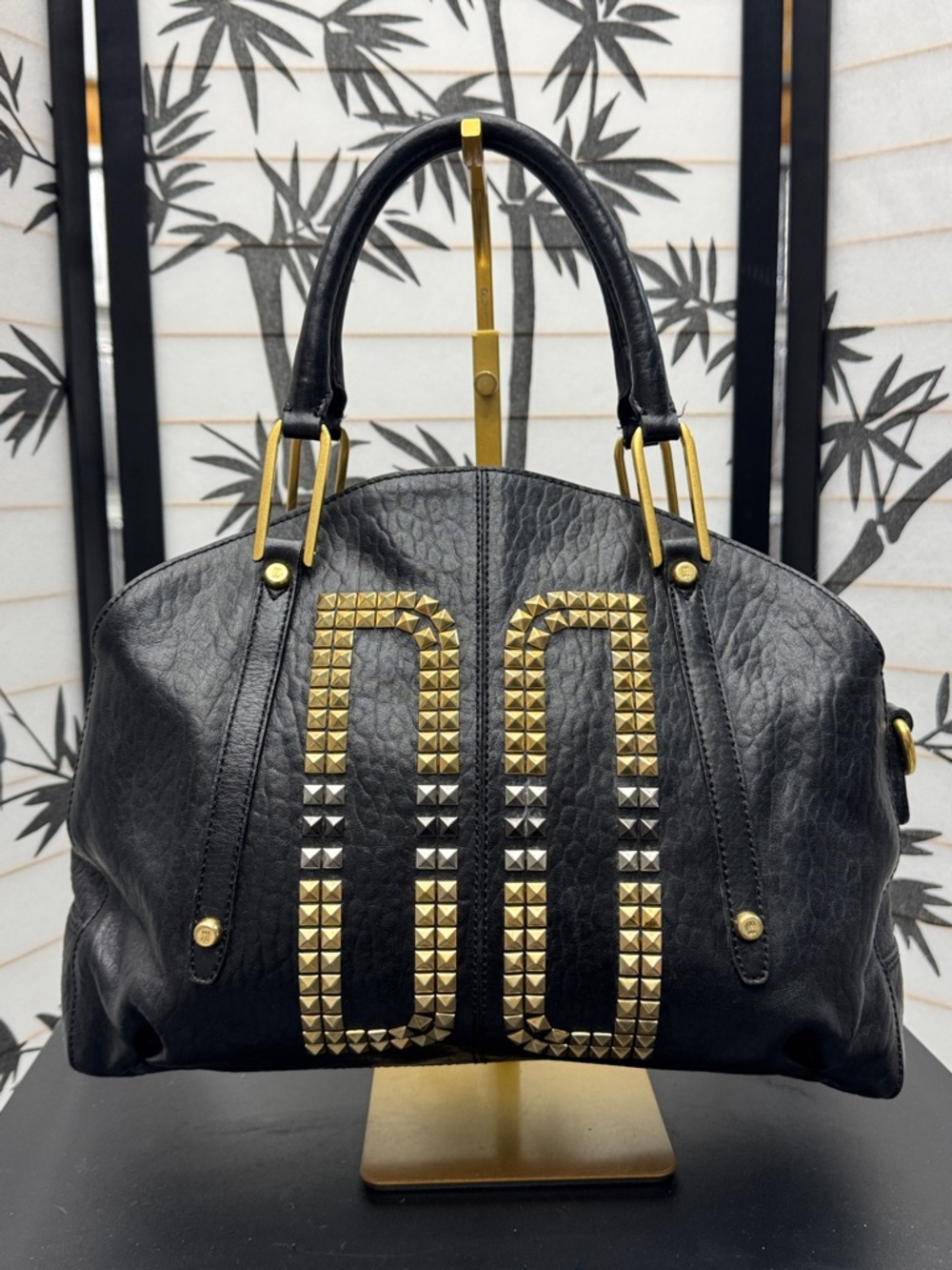 Daks Black Stud-Accent Dome Satchel Bag